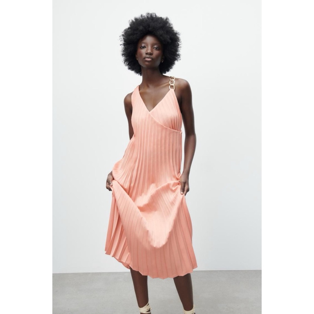 Zara Tangerine Orange Gold Chain Strap Pleated V-Neck Midi Dress NWTs